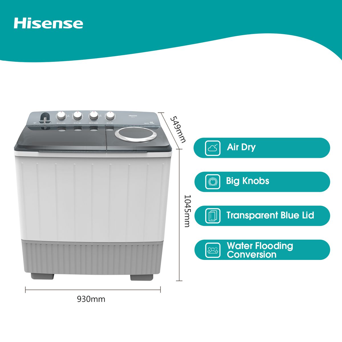 Hisense - Twin Tub Washing Machine 16kg - White