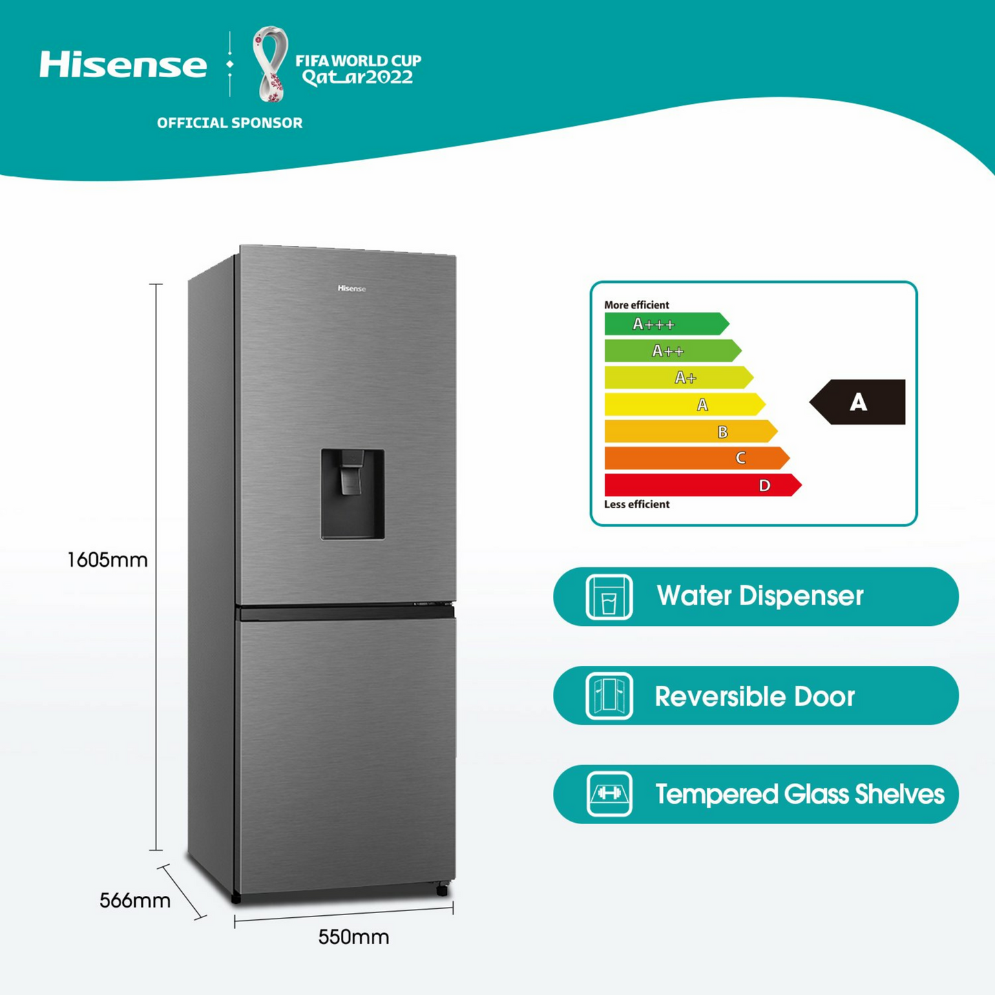 Hisense 222L Inox Fridge/Freezer Water- H310BIT-WD